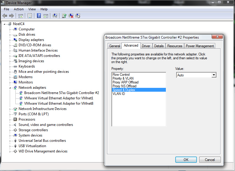 The T5400's Ethernet port is a Broadcom NetXtreme 57xx Gigabit Controller, and the 470's is an Intel PRO/1000 MT controller. Both are set to defaults.